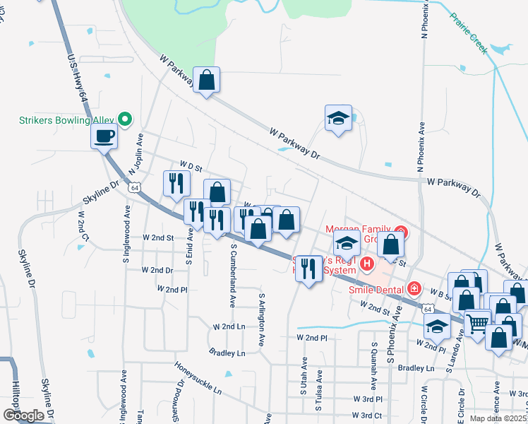 map of restaurants, bars, coffee shops, grocery stores, and more near 2401 West C Street in Russellville