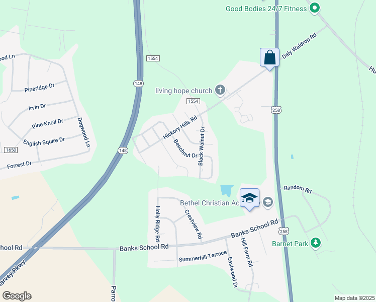 map of restaurants, bars, coffee shops, grocery stores, and more near 2285 Beechnut Drive in Kinston