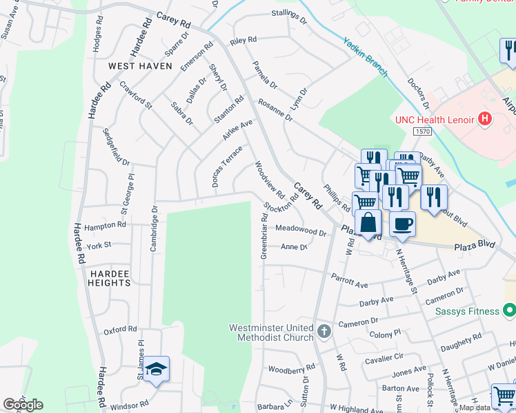map of restaurants, bars, coffee shops, grocery stores, and more near 2200 Greenbriar Road in Kinston