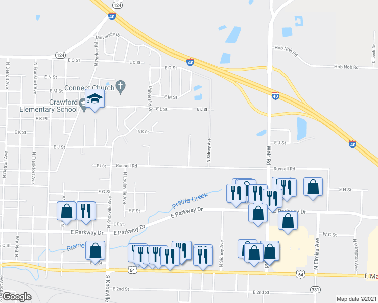 map of restaurants, bars, coffee shops, grocery stores, and more near North Rochester Avenue in Russellville