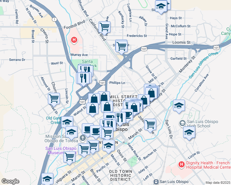 map of restaurants, bars, coffee shops, grocery stores, and more near 1250 Peach Street in San Luis Obispo