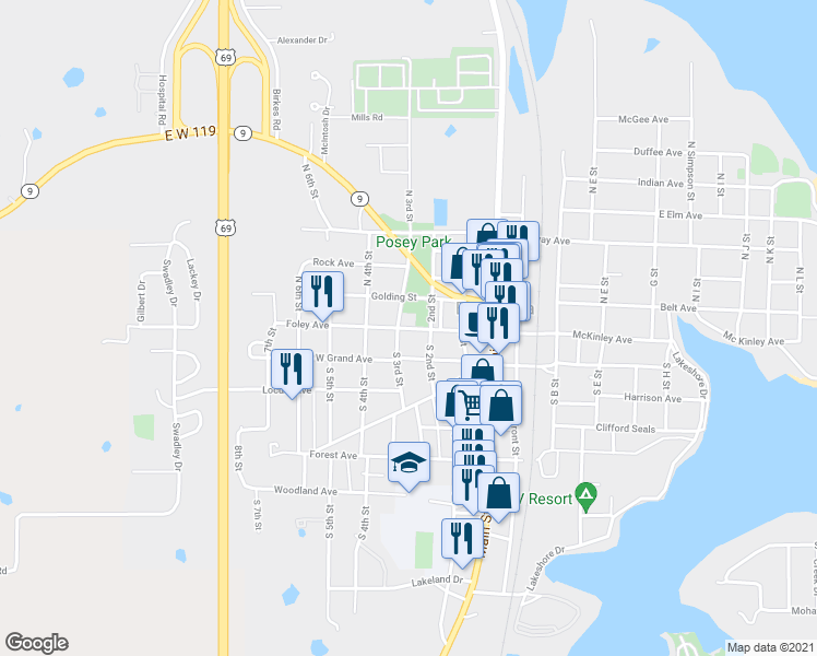 map of restaurants, bars, coffee shops, grocery stores, and more near 318 West Foley Street in Eufaula