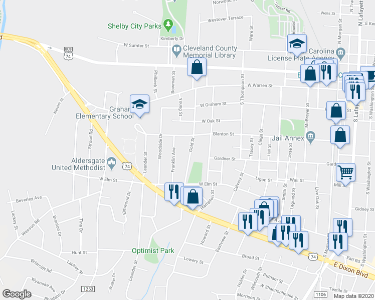 map of restaurants, bars, coffee shops, grocery stores, and more near 424 Gold Street in Shelby