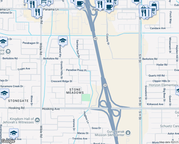 map of restaurants, bars, coffee shops, grocery stores, and more near 2503 Paradise Point Place in Bakersfield
