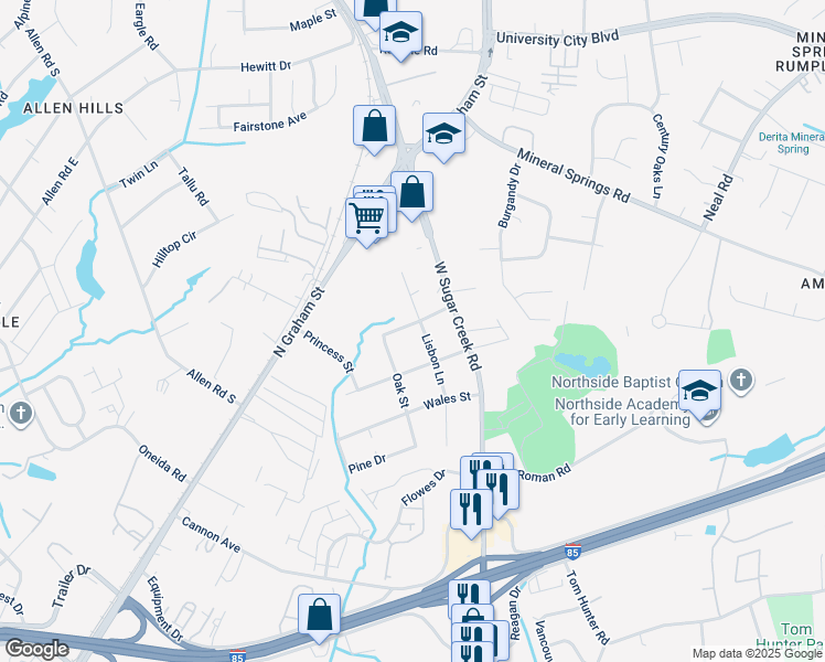 map of restaurants, bars, coffee shops, grocery stores, and more near 1707 Lisbon Lane in Charlotte
