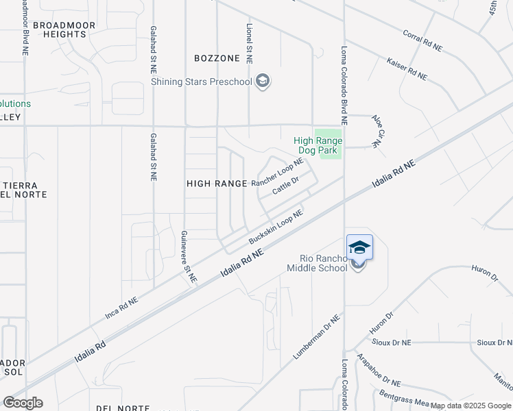 map of restaurants, bars, coffee shops, grocery stores, and more near 1733 Round Up Drive Northeast in Rio Rancho