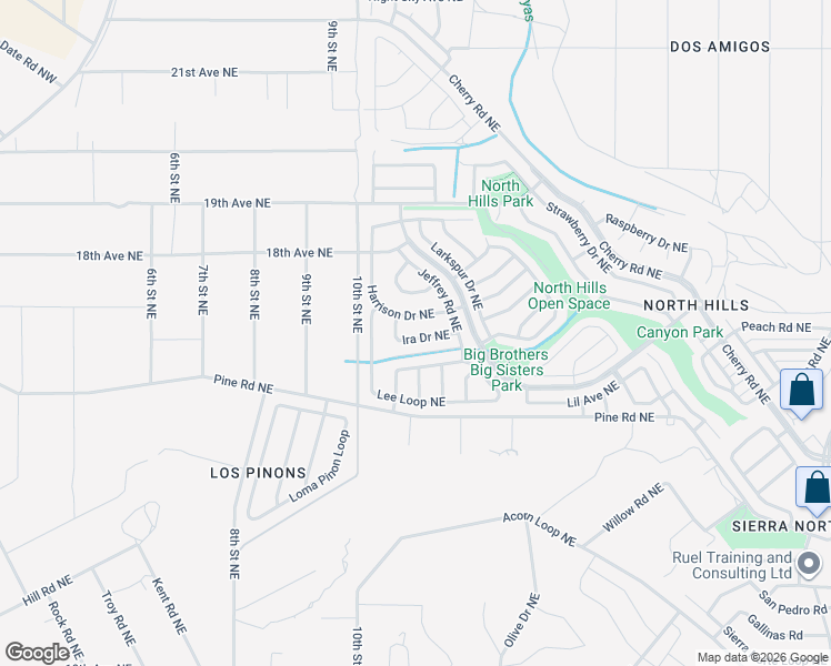 map of restaurants, bars, coffee shops, grocery stores, and more near 956 Charles Drive Northeast in Rio Rancho