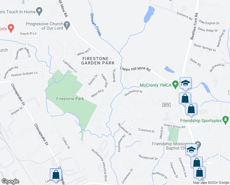 map of restaurants, bars, coffee shops, grocery stores, and more near 3606 Braden Drive in Charlotte