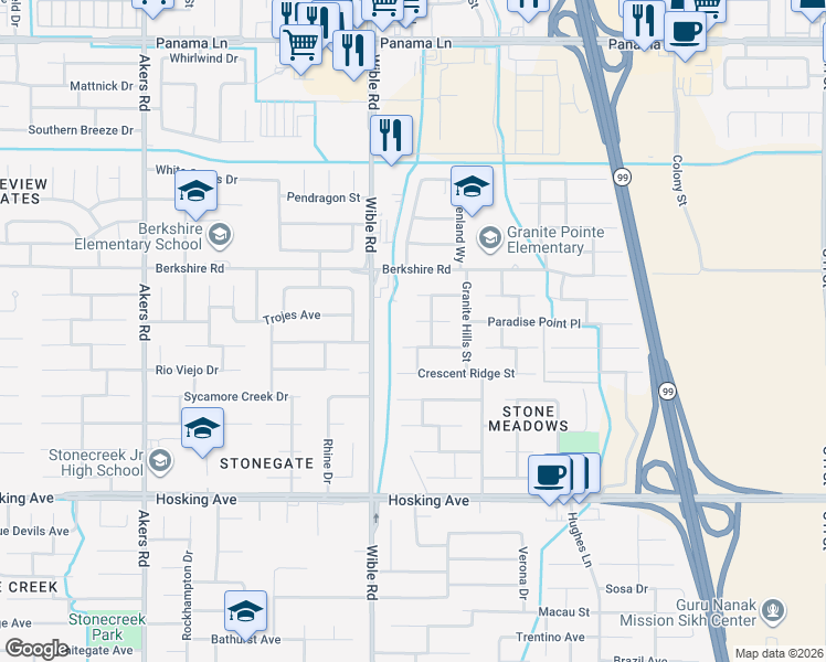 map of restaurants, bars, coffee shops, grocery stores, and more near 3105 Amber Canyon Place in Bakersfield