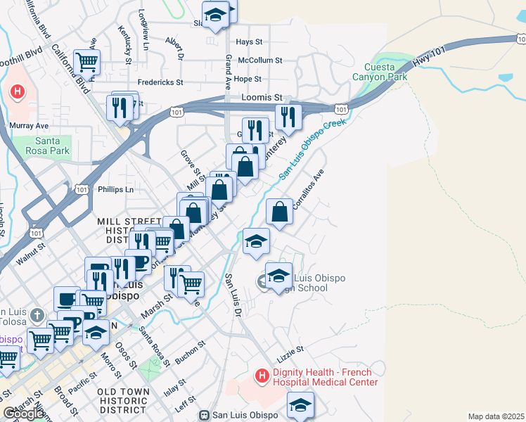 map of restaurants, bars, coffee shops, grocery stores, and more near 1687 San Luis Drive in San Luis Obispo
