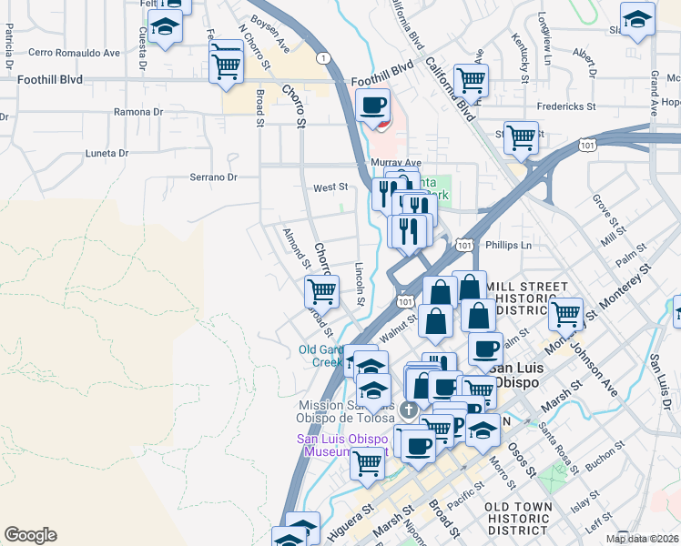 map of restaurants, bars, coffee shops, grocery stores, and more near 875 Mountain View Street in San Luis Obispo