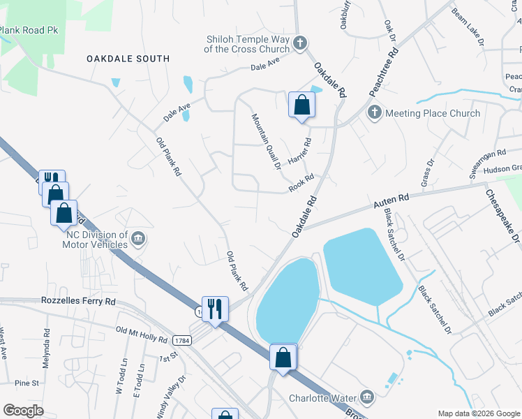 map of restaurants, bars, coffee shops, grocery stores, and more near 515 Rook Road in Charlotte