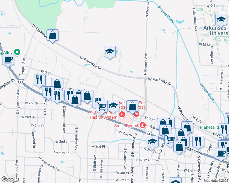 map of restaurants, bars, coffee shops, grocery stores, and more near 305 North Tulsa Avenue in Russellville