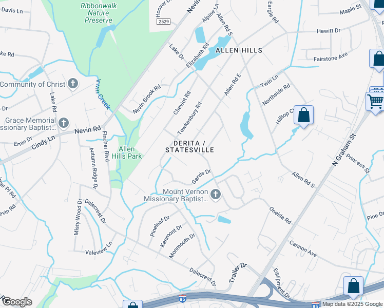 map of restaurants, bars, coffee shops, grocery stores, and more near 3119 Oneida Road in Charlotte