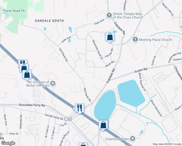 map of restaurants, bars, coffee shops, grocery stores, and more near 515 Rook Road in Charlotte