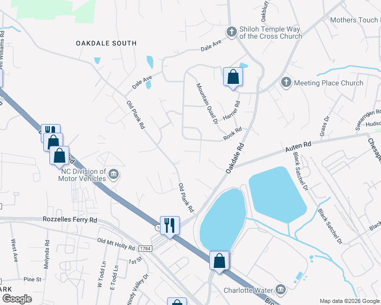map of restaurants, bars, coffee shops, grocery stores, and more near 515 Rook Road in Charlotte