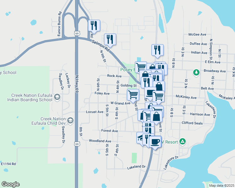 map of restaurants, bars, coffee shops, grocery stores, and more near 4th Street in Eufaula
