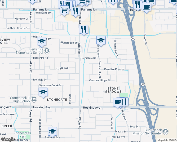 map of restaurants, bars, coffee shops, grocery stores, and more near 3105 Amber Canyon Place in Bakersfield