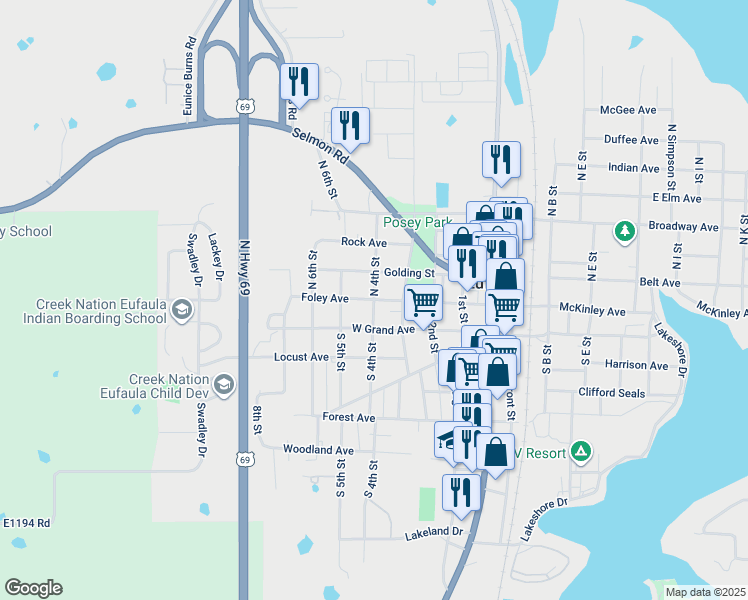 map of restaurants, bars, coffee shops, grocery stores, and more near 4th Street in Eufaula