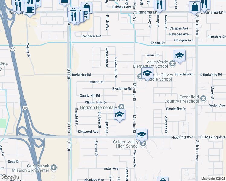 map of restaurants, bars, coffee shops, grocery stores, and more near 1205 Evadonna Road in Bakersfield