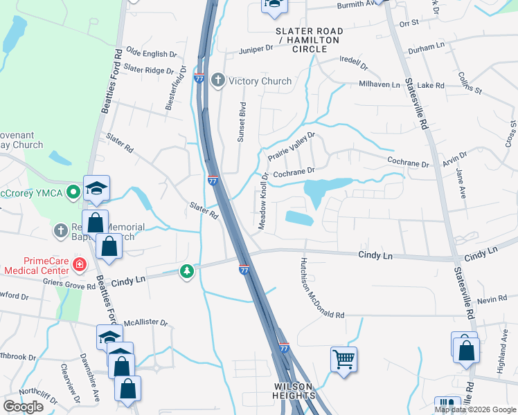 map of restaurants, bars, coffee shops, grocery stores, and more near 2718 Meadow Knoll Drive in Charlotte