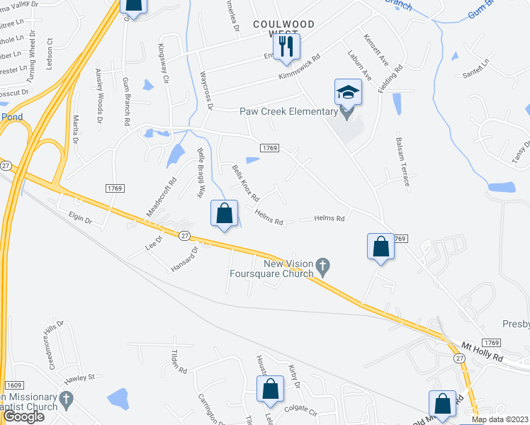 map of restaurants, bars, coffee shops, grocery stores, and more near 1208 Helms Road in Charlotte
