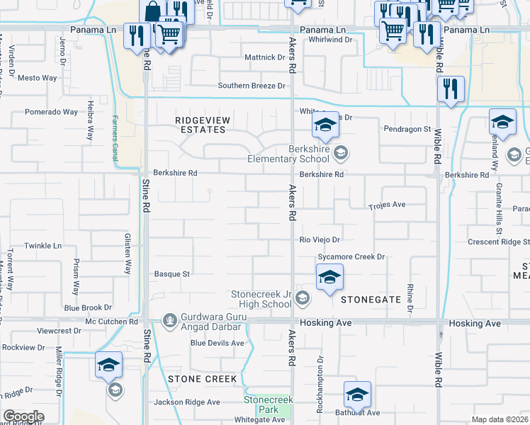 map of restaurants, bars, coffee shops, grocery stores, and more near 4205 Serene Oak Drive in Bakersfield