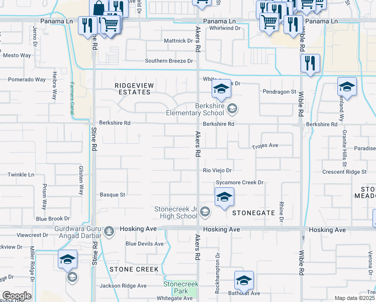 map of restaurants, bars, coffee shops, grocery stores, and more near 4205 Serene Oak Drive in Bakersfield