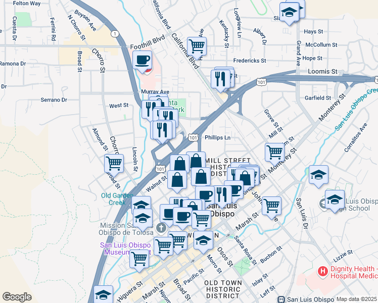 map of restaurants, bars, coffee shops, grocery stores, and more near 1149 Olive Street in San Luis Obispo