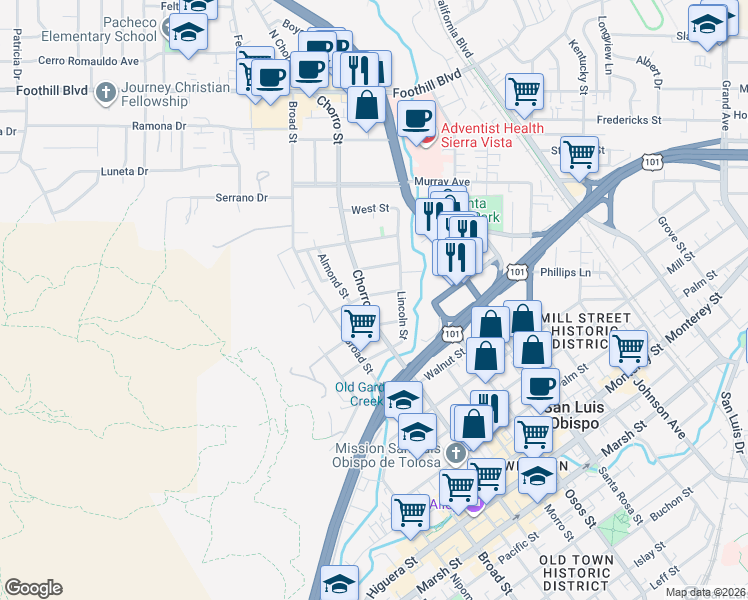 map of restaurants, bars, coffee shops, grocery stores, and more near 283 Lincoln Street in San Luis Obispo