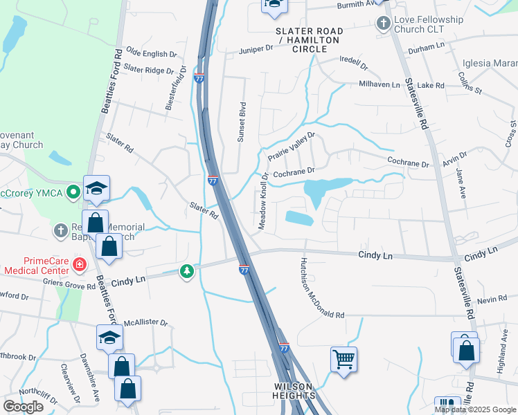 map of restaurants, bars, coffee shops, grocery stores, and more near 2718 Meadow Knoll Drive in Charlotte