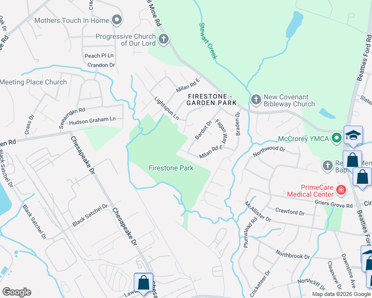 map of restaurants, bars, coffee shops, grocery stores, and more near 3502 Firestone Drive in Charlotte