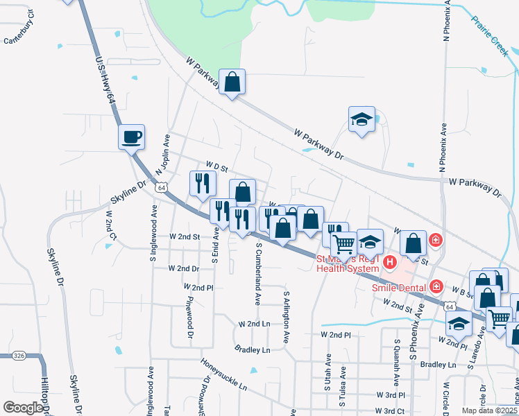 map of restaurants, bars, coffee shops, grocery stores, and more near 300 N Cumberland Ave in Russellville