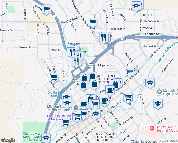 map of restaurants, bars, coffee shops, grocery stores, and more near 1144 Walnut Street in San Luis Obispo