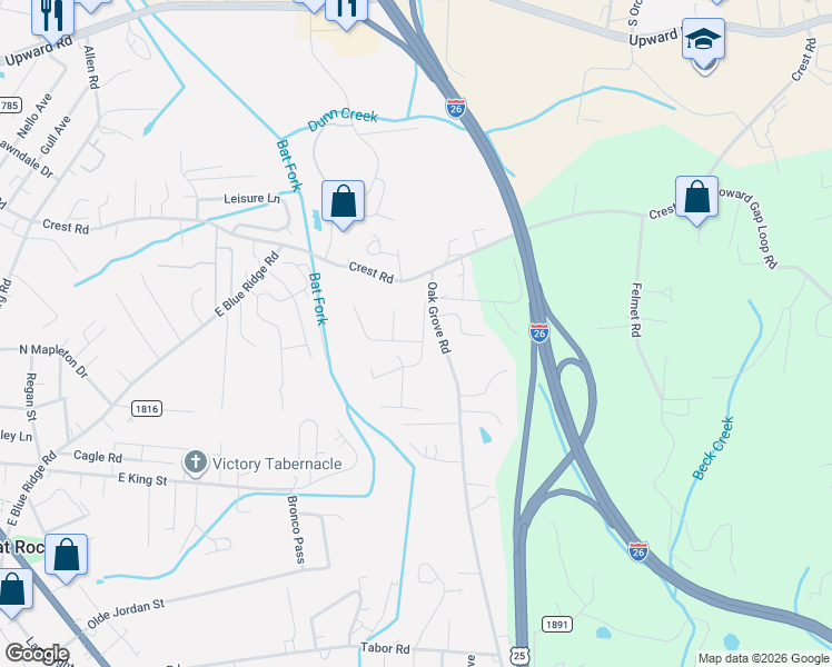 map of restaurants, bars, coffee shops, grocery stores, and more near 687 Oak Grove Road in Flat Rock