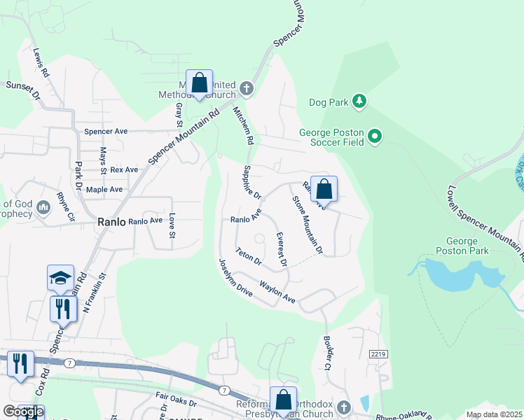 map of restaurants, bars, coffee shops, grocery stores, and more near 132 Ranlo Avenue in Gastonia