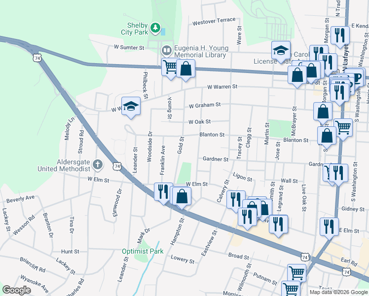 map of restaurants, bars, coffee shops, grocery stores, and more near 404 Whisnant Street in Shelby