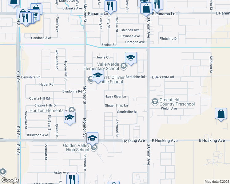 map of restaurants, bars, coffee shops, grocery stores, and more near 405 Minnatree Lane in Bakersfield