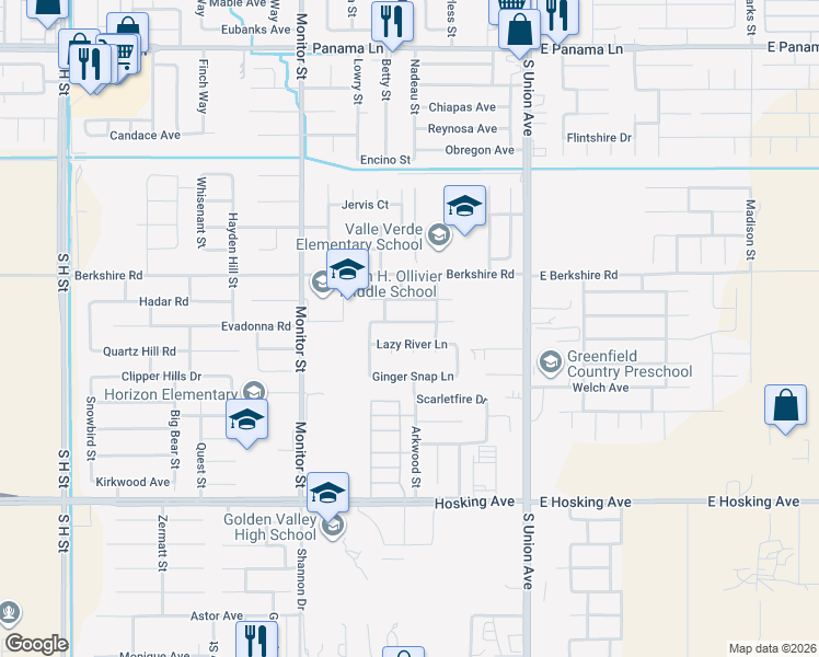 map of restaurants, bars, coffee shops, grocery stores, and more near 405 Minnatree Lane in Bakersfield