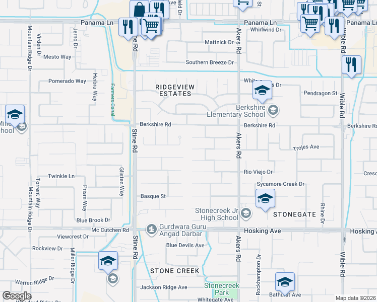map of restaurants, bars, coffee shops, grocery stores, and more near 4415 Serene Oak Drive in Bakersfield