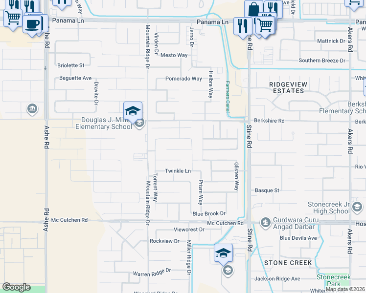 map of restaurants, bars, coffee shops, grocery stores, and more near 5406 Clarion Channel Lane in Bakersfield