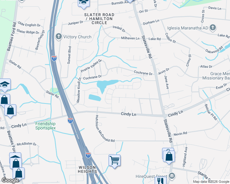 map of restaurants, bars, coffee shops, grocery stores, and more near 2801 Oakwood Drive in Charlotte