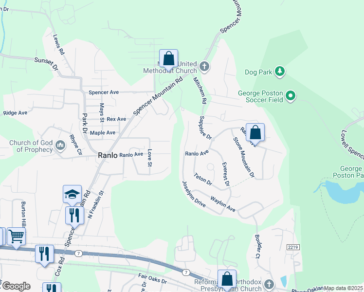 map of restaurants, bars, coffee shops, grocery stores, and more near 1013 Joselynn Drive in Gastonia