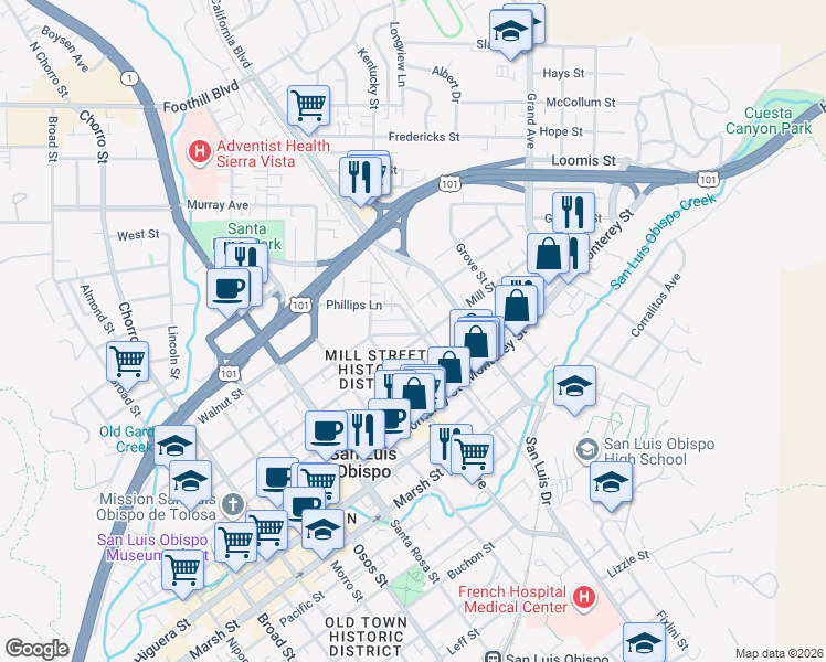 map of restaurants, bars, coffee shops, grocery stores, and more near Pepper Street in San Luis Obispo
