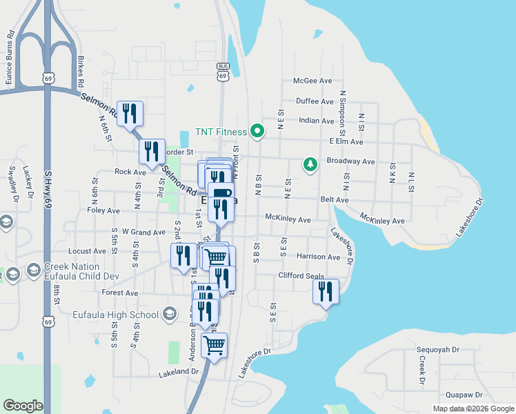 map of restaurants, bars, coffee shops, grocery stores, and more near B Street in Eufaula