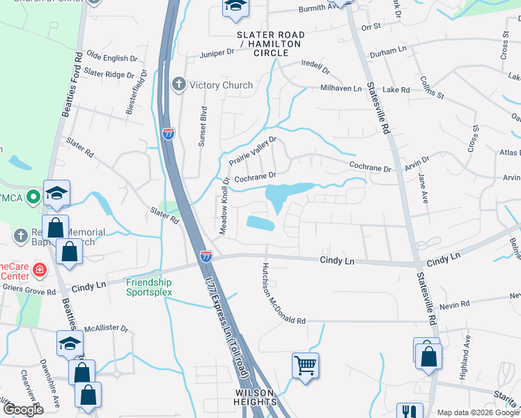 map of restaurants, bars, coffee shops, grocery stores, and more near 2701 Cindy Lane in Charlotte