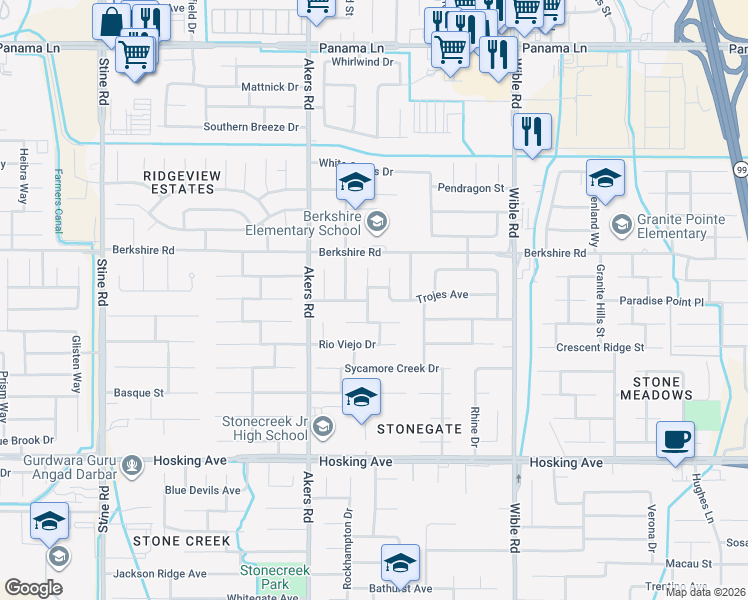 map of restaurants, bars, coffee shops, grocery stores, and more near 7323 Cupio Street in Bakersfield