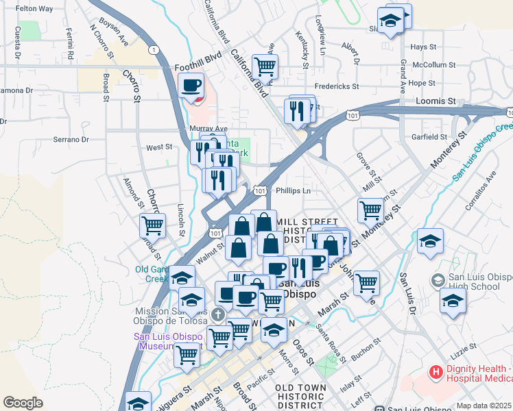 map of restaurants, bars, coffee shops, grocery stores, and more near 1149 Olive Street in San Luis Obispo