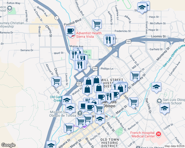 map of restaurants, bars, coffee shops, grocery stores, and more near 1149 Olive Street in San Luis Obispo