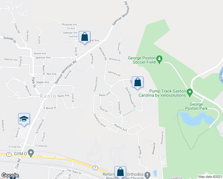map of restaurants, bars, coffee shops, grocery stores, and more near 136 Ranlo Avenue in Gastonia